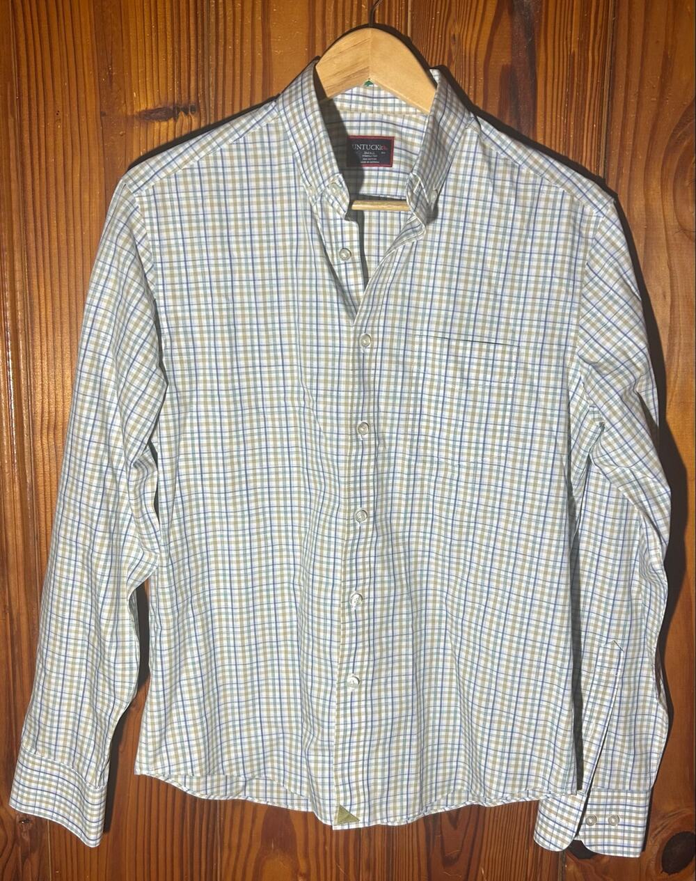 Untuckit long sleeve button down shirt wrinkle free blue/beige checkered small